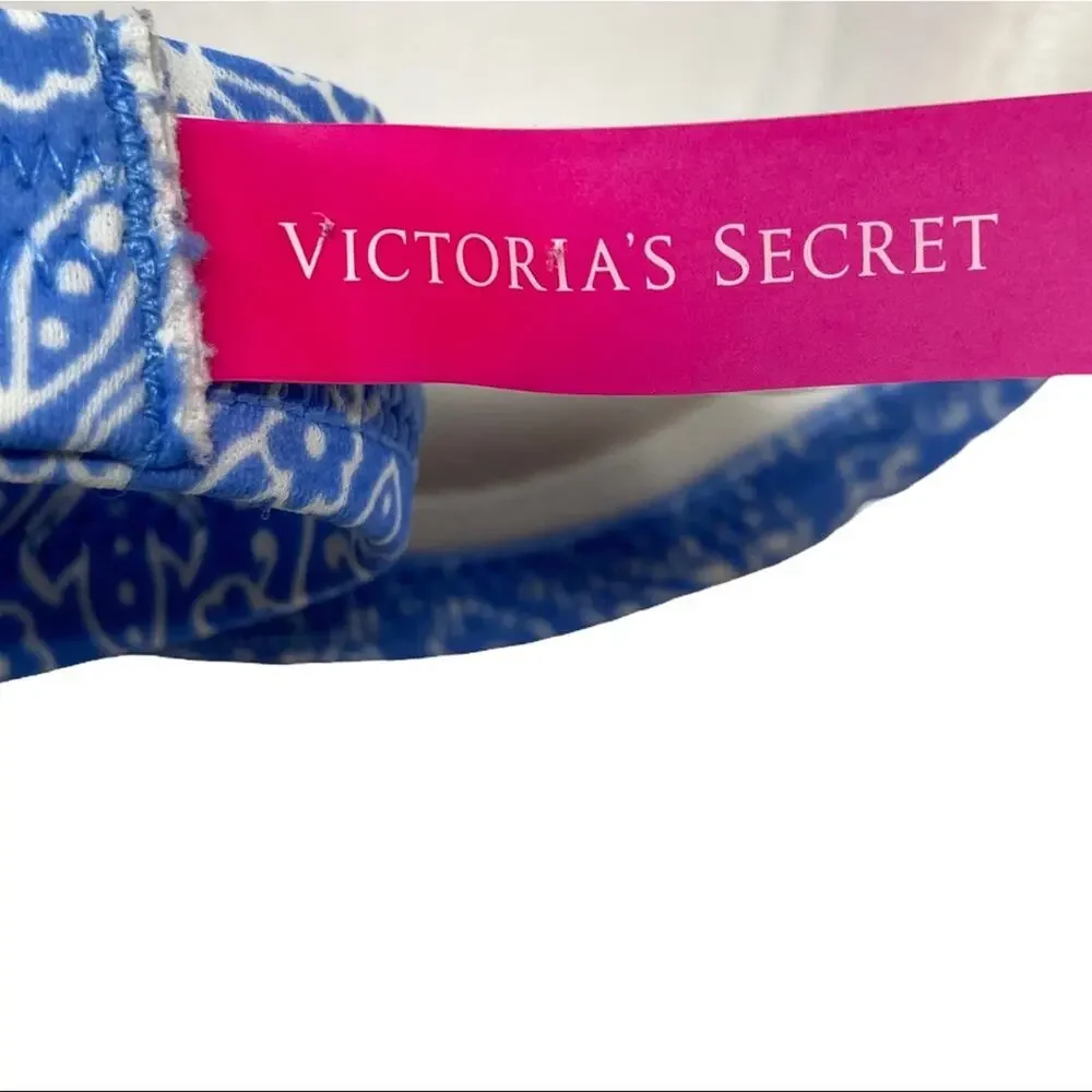 Victoria’s Secret Blue Floral Print Ruffle Neo Green Tie Bikini Top Size 34 B